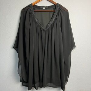 Rose & Olive 3X Black Beaded V Neck Whimsigoth Sheer Chiffon Blouse‎ Top Plus Sz